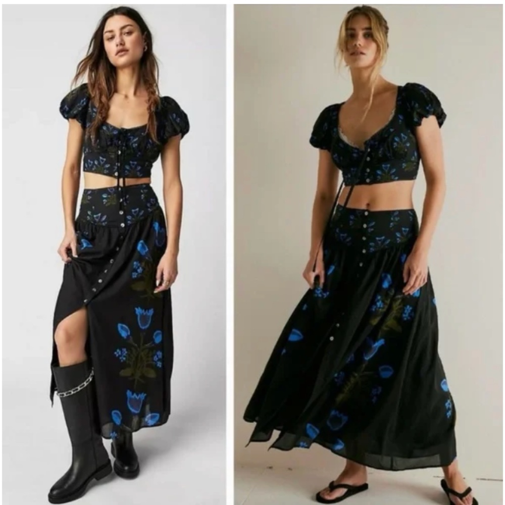 Free People Easy Luv MaxiSkirt Set Black Green Blue Button Gypsy Boho SM Small S